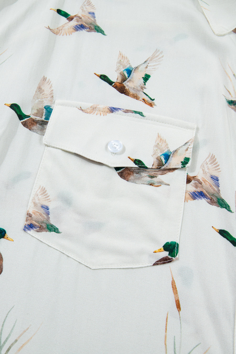 White Mallard Print Button Pocket Short Sleeve Shirt