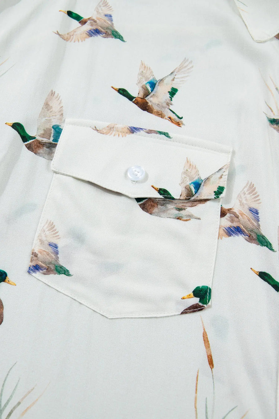 White Mallard Print Button Pocket Short Sleeve Shirt