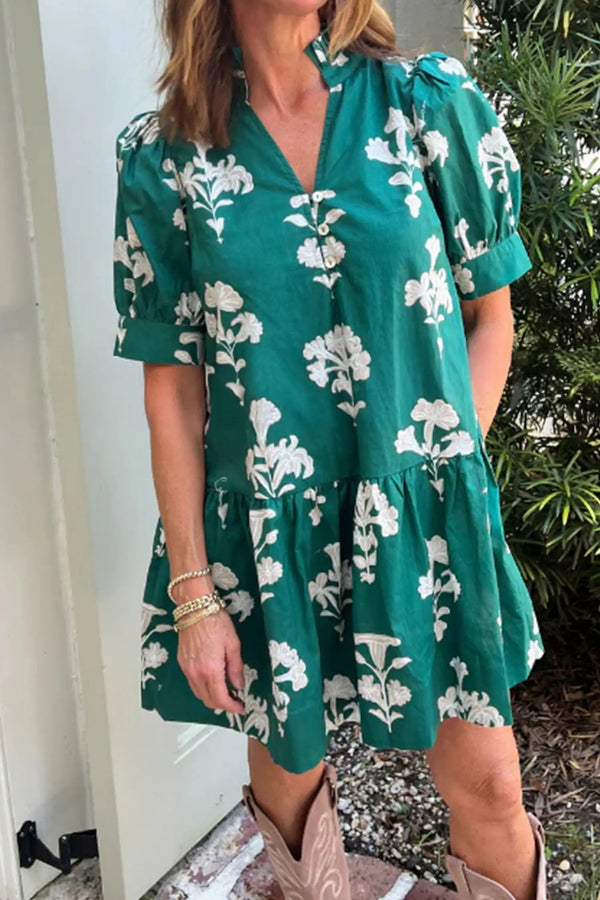 Floral frilled V-neck puff sleeve mini dress front view — Fashionfitz UK