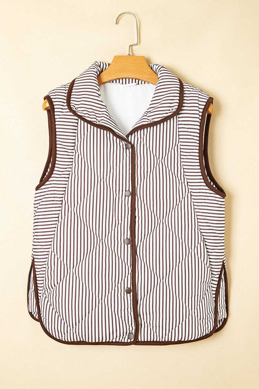 Front view of the Stripe Snap Winter Vest on hanger, featuring snap closures, brown trim, and vertical stripes for stylish winter wear.