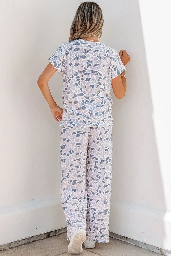 Camo twisted rib tee drawstring pants set short sleeve beige outfit sets