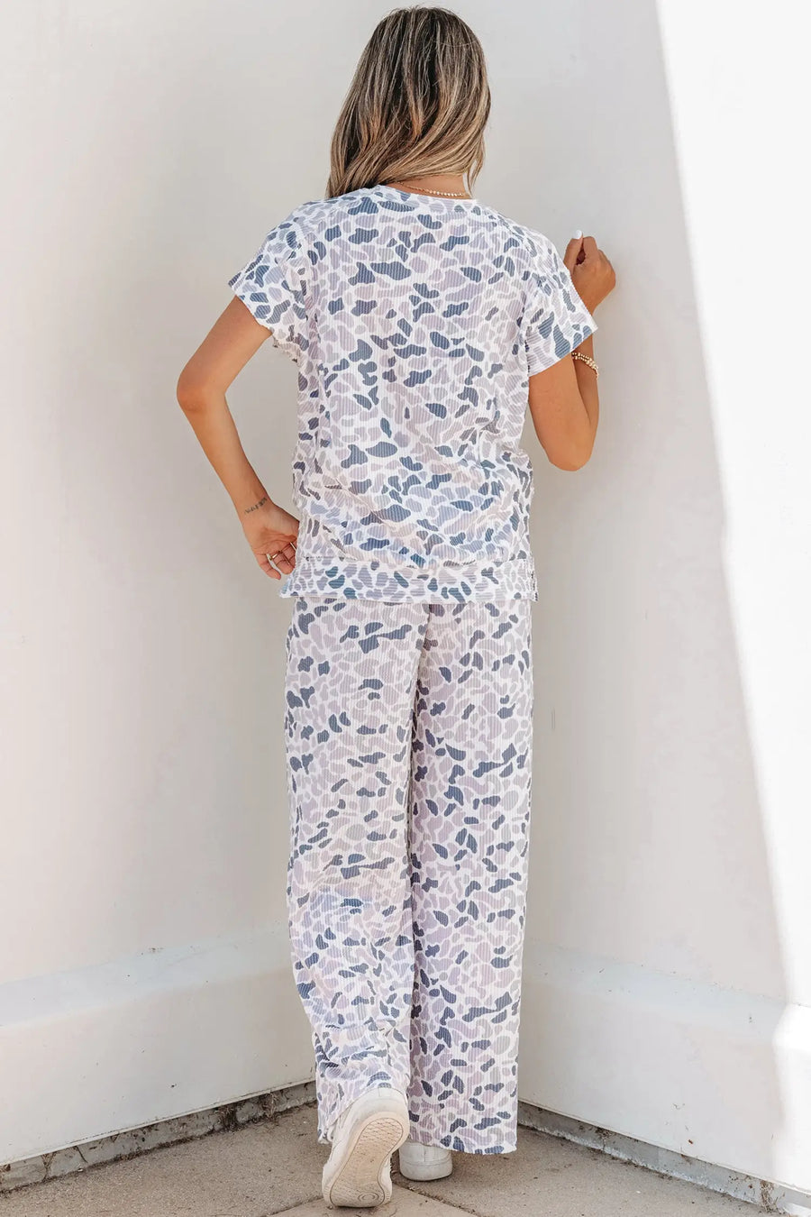 Camo twisted rib tee drawstring pants set short sleeve beige outfit sets