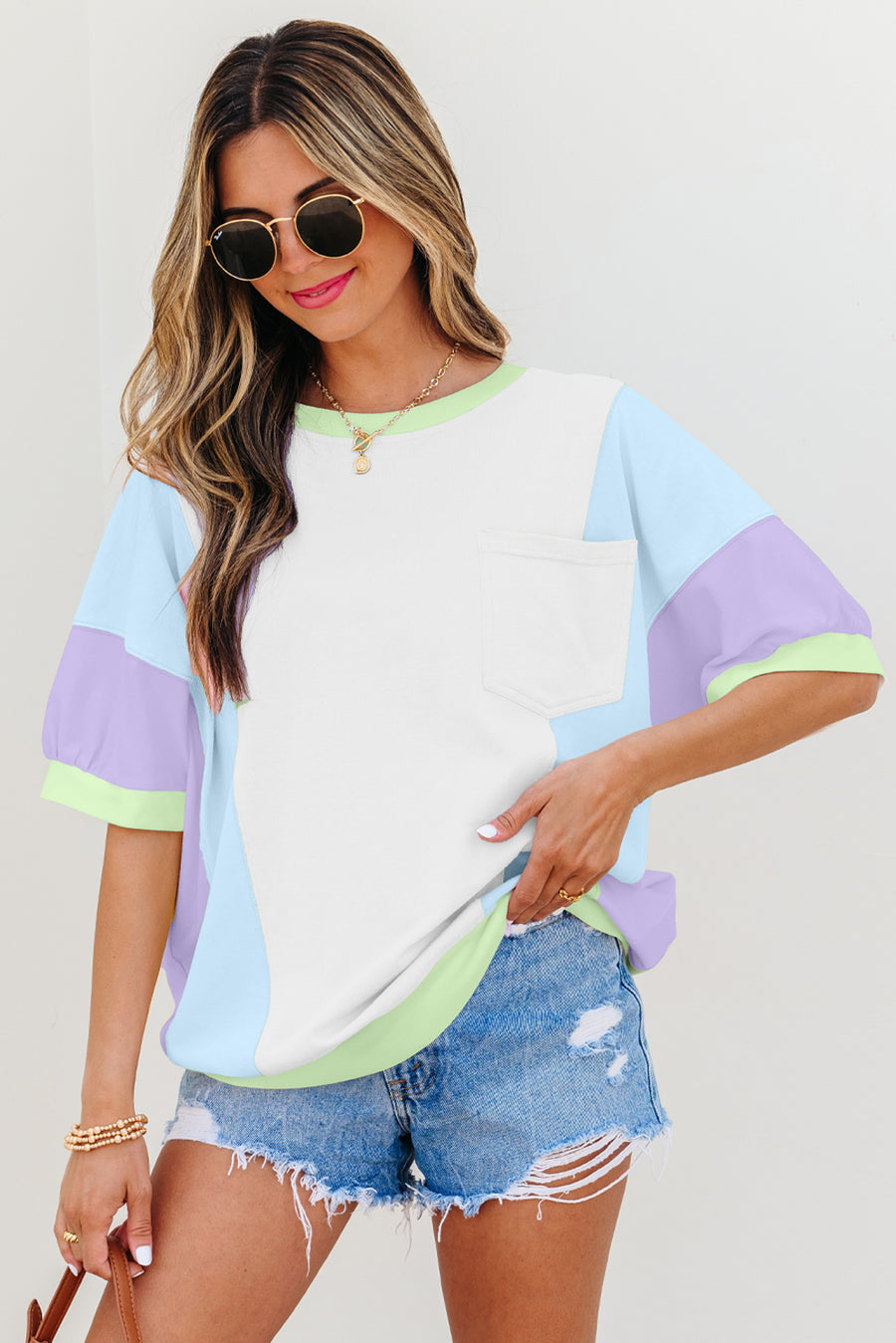 Colorblock Patchwork Half Sleeve Oversized T-Shirt Women UK