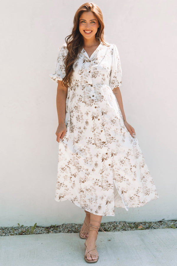 Khaki Floral Puff Sleeve V Neck Buttoned Front Maxi Dress Women UK