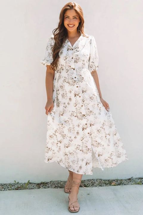 Khaki Floral Puff Sleeve V Neck Buttoned Maxi Dress Women UK