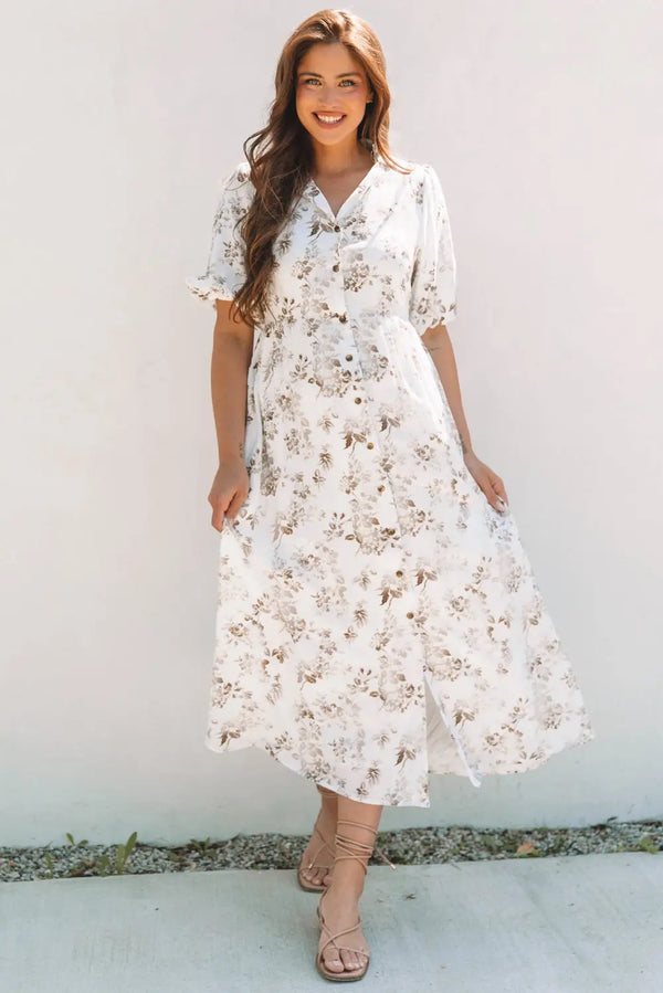Khaki Floral Puff Sleeve V Neck Buttoned Maxi Dress Women UK