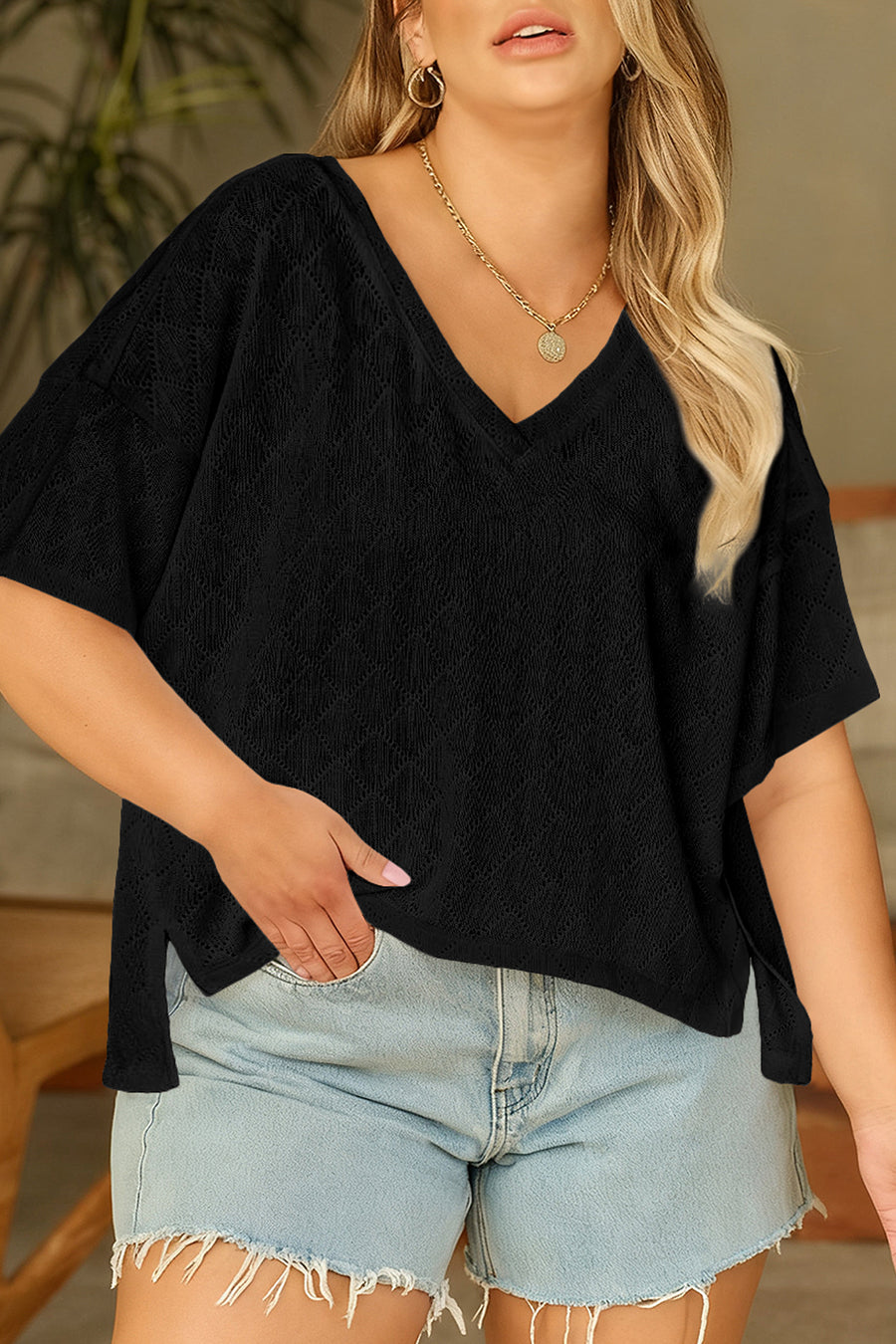 Pointelle Rhombus Knit V Neck Loose Plus Size Top Women UK
