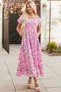 Pink Dainty Floral Smocked Puff Sleeve Flowy Maxi Dress Women UK — front view