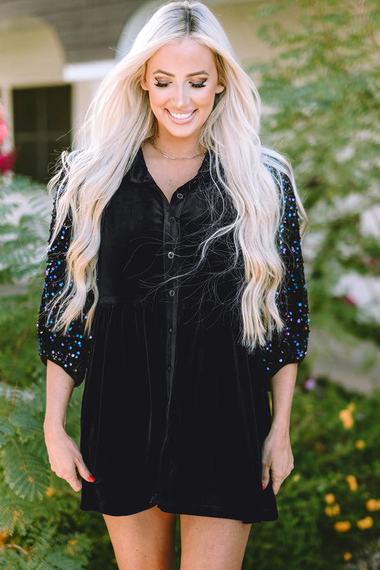 Black Sequin Puff Sleeve Velvet Peplum Shirt