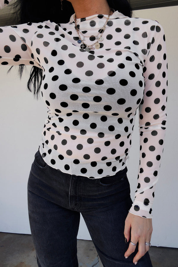 Polka Dot Sheer Long Sleeve Top Women UK — side view showing slim-fit and long sleeve construction — Fashionfitz
