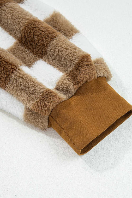 Detail of ribbed cuff on Brown Checkered Sherpa Cardigan, showing warm fleece material and snug sleeve finish for winter comfort.