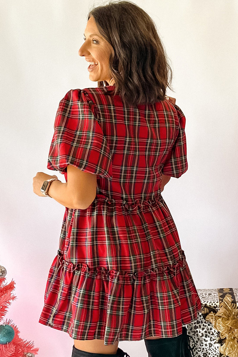 Red Plaid Knot Neck Short Sleeve Shift Mini Dress Women UK