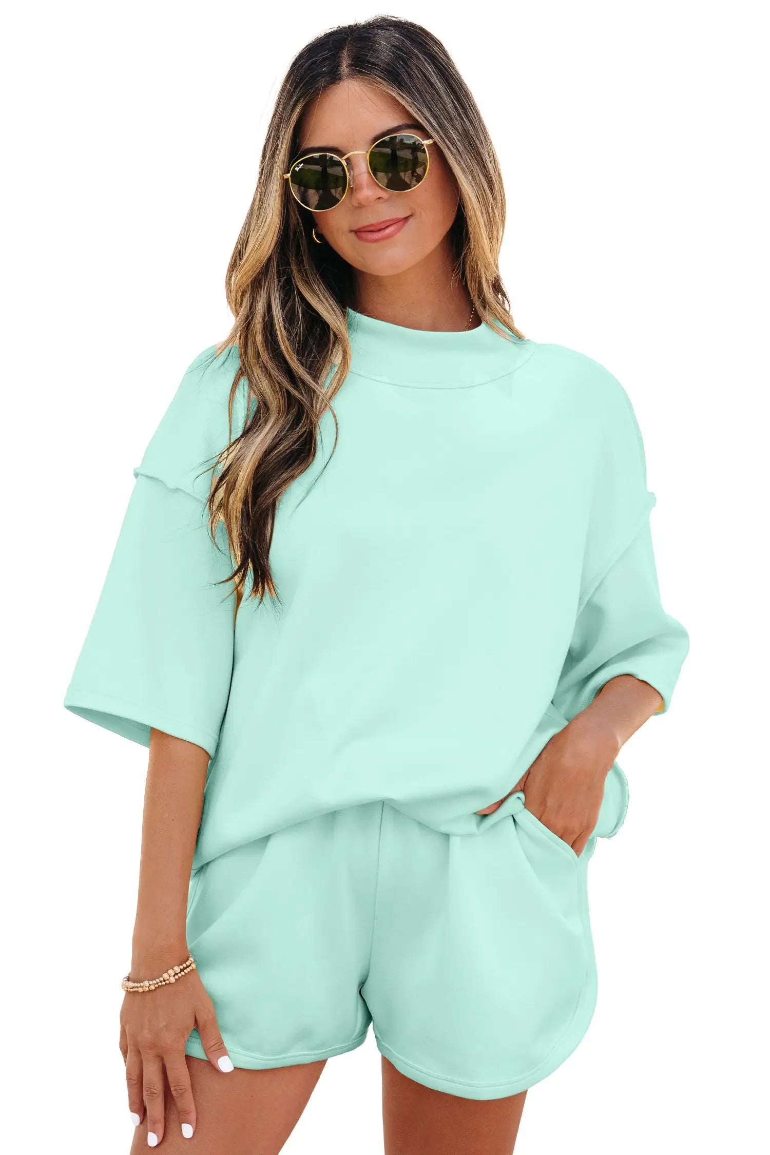 Exposed seam mock neck oversized tee shorts two piece set pockets outfit sets