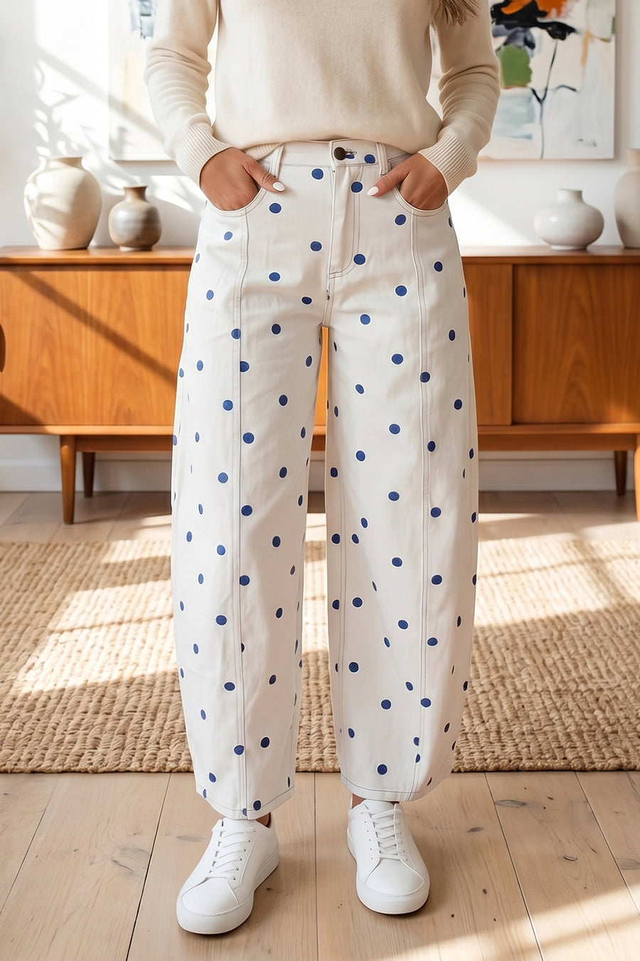 Polka Dot Seam Detail Barrel Jeans Women UK in Blue — front view showing barrel silhouette and polka dot denim print — Fashionfitz