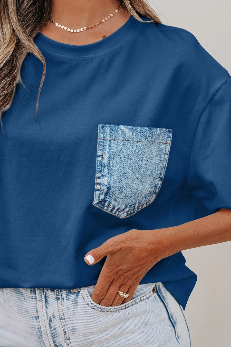 Colour block patch pocket short sleeve top round neck tunic relaxed fit tunics