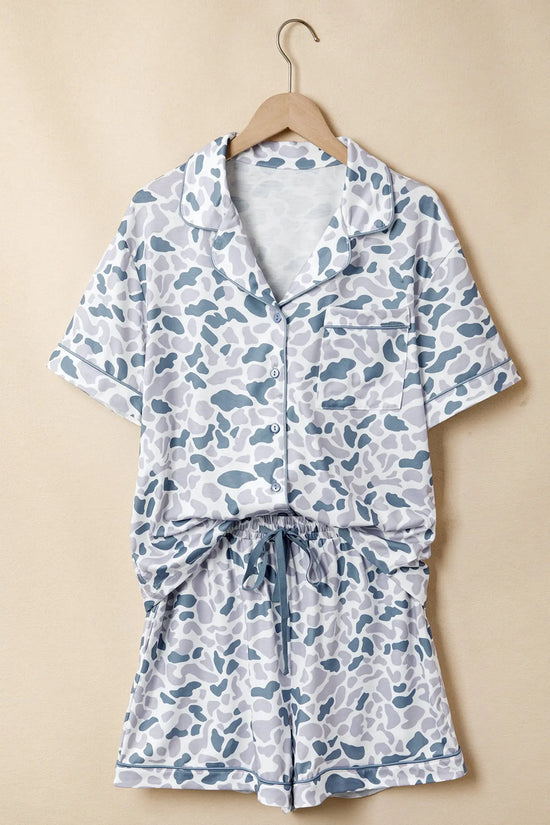 Camouflage print lapel shirt & shorts 2-piece pyjama set beige pajamas