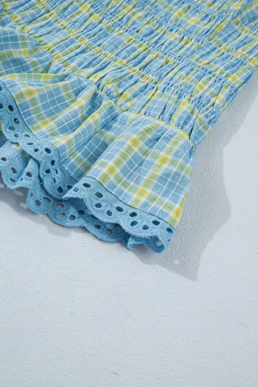 Multicolour Gingham Smoked Lace Trim Tank Top — angled view | Fashionfitz UK