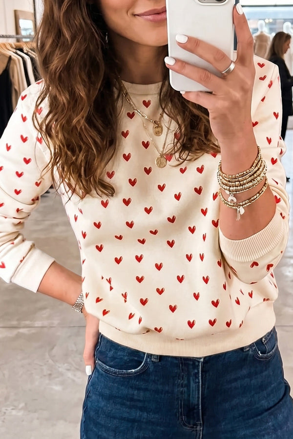 Heart print round neck long sleeve sweatshirt women UK | Fashionfitz