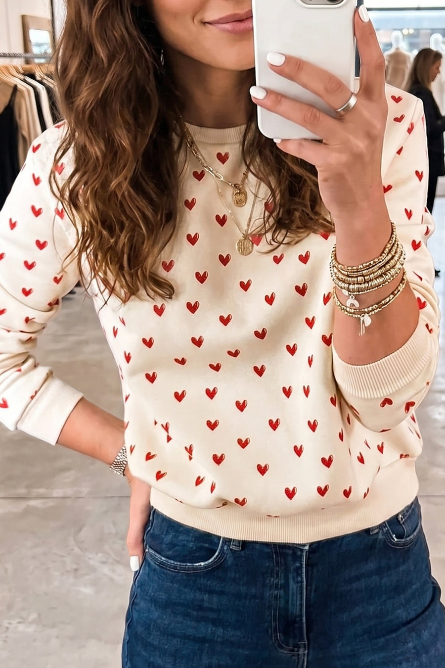 Heart print round neck long sleeve sweatshirt women UK | Fashionfitz