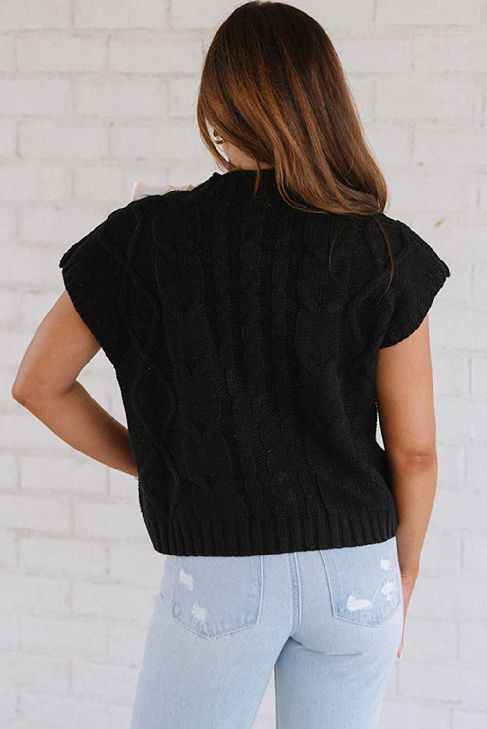 Back view of the Satin Bowknot Short Sleeve Sweater showing cable knit texture and relaxed fit, ideal for daily autumn wear.