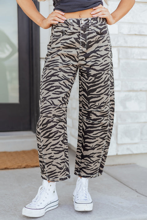 Zebra Print High Waist Barrel Leg Cropped Jeans Women UK