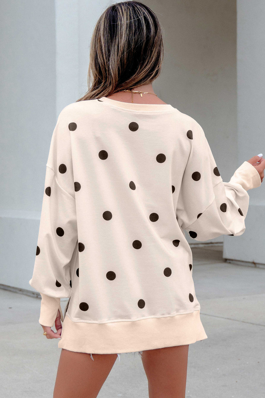 Polka Dot Long Sleeve Round Neck Tunic Sweatshirt