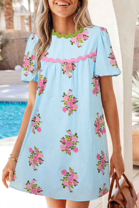 Sky Blue Floral Ricrac Trim Bubble Sleeve Mini Dress Women UK