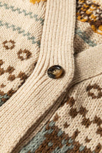 Button and ribbed trim close-up on Women's Khaki Western Pattern Knit Cardigan. High-quality knitwear with rustic charm.