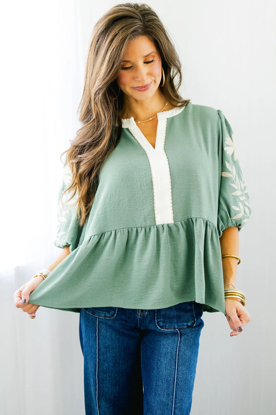 Smoke Green Embroidered Sleeve Tiered Blouse
