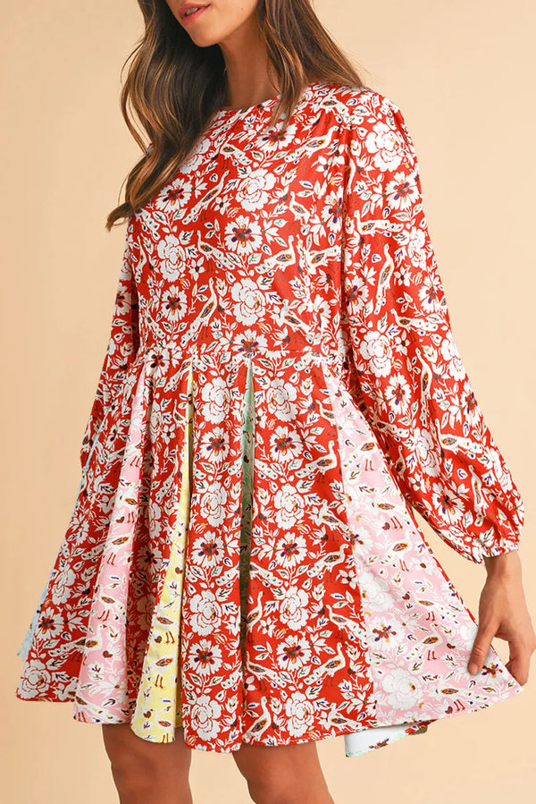 Red Floral Patchwork Long Sleeve Pleated Mini Dress Women UK