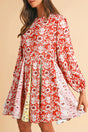 Red Floral Patchwork Long Sleeve Pleated Mini Dress Women UK
