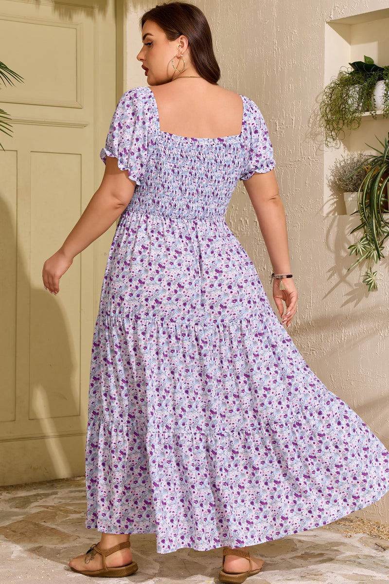 Purple smocked plus size maxi dress — side view showing square neck and smocked bodice