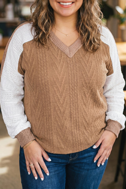 V neck lace sleeve patchwork plus size blouse in coffee — front view