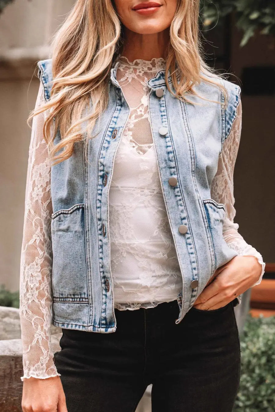 Beau blue scallop‑trim denim waistcoat vests