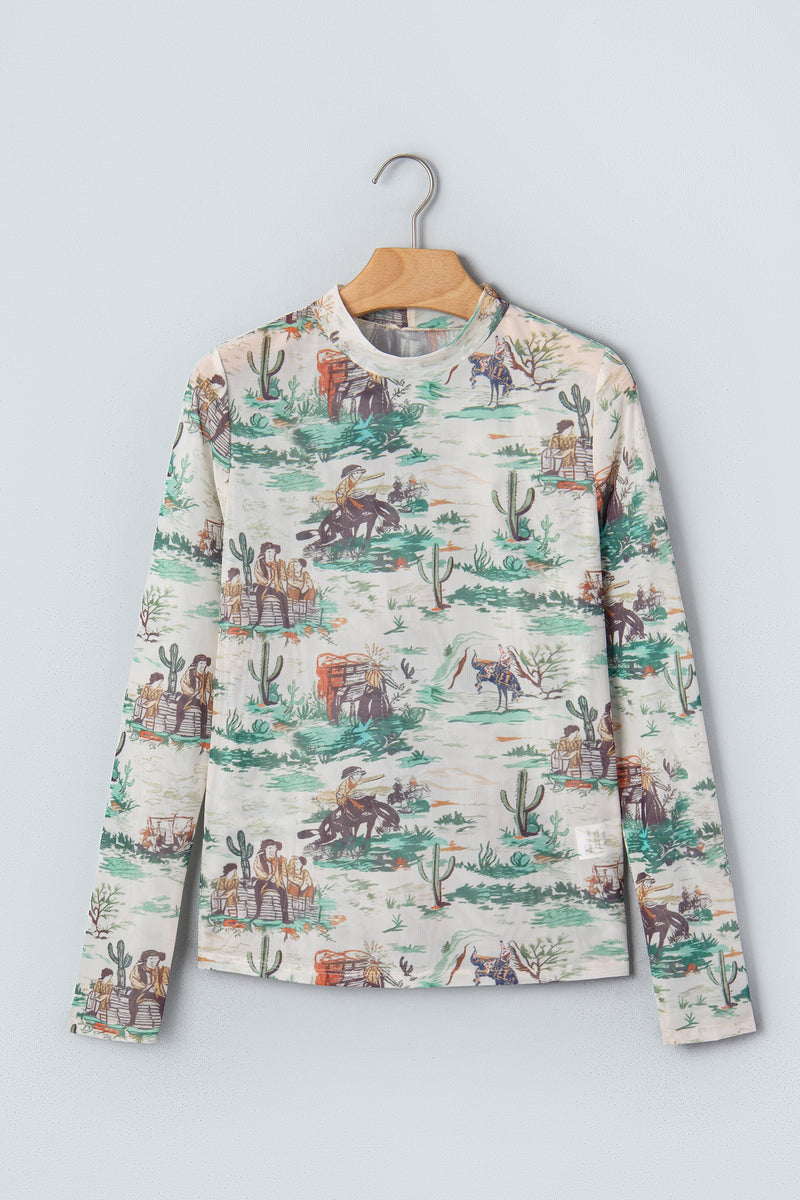 Green Western Print Long Sleeve Round Neck Slim Top