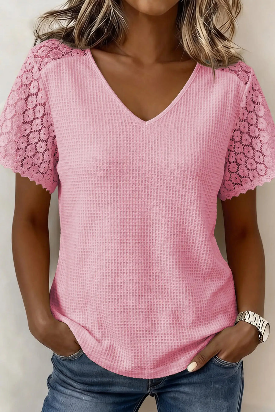 Cutout V-neck waffle knit blouse — back view showing lace trim detail
