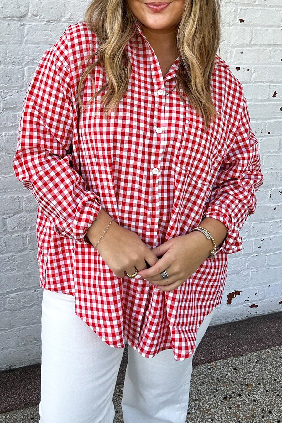 Plaid V Neck Long Sleeve Tunic Loose Fit Plus Size Shirt Women UK