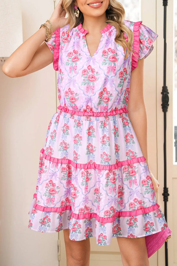 Purple Tiered Ruffles Sleeveless Summer Floral Dress Women UK