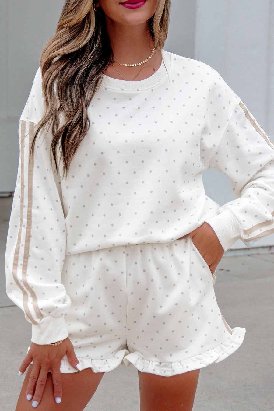 White Polka Dot Stripe Casual Sweatshirt & Shorts Set