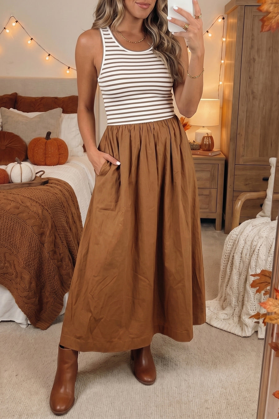 Chestnut striped colourblock sleeveless A-line maxi dress front view — Fashionfitz UK