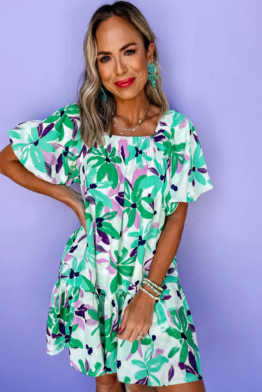 Green Floral Shirred Square Neck Loose Fit Mini Dress Women UK