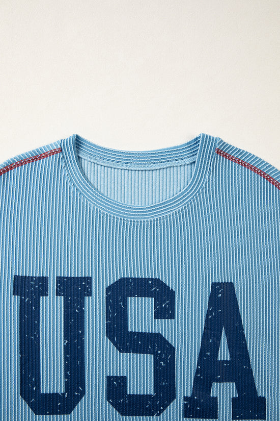 USA Graphic Ribbed Half Sleeve Loose Top Round Neck Tunic Length