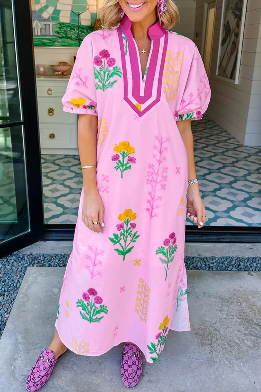 Floral print colourblock v-neck midi dress back view | Fashionfitz UK