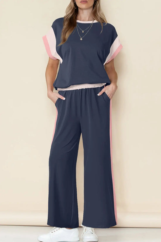 Colour block two piece set cap sleeve wide leg pants women uk