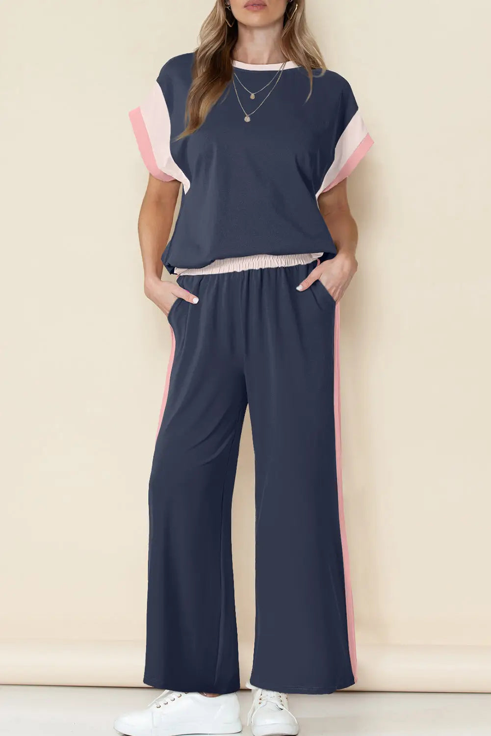 Colour block two piece set cap sleeve wide leg pants women uk