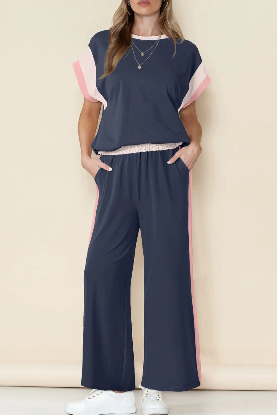 Colour block two piece set cap sleeve wide leg pants women uk