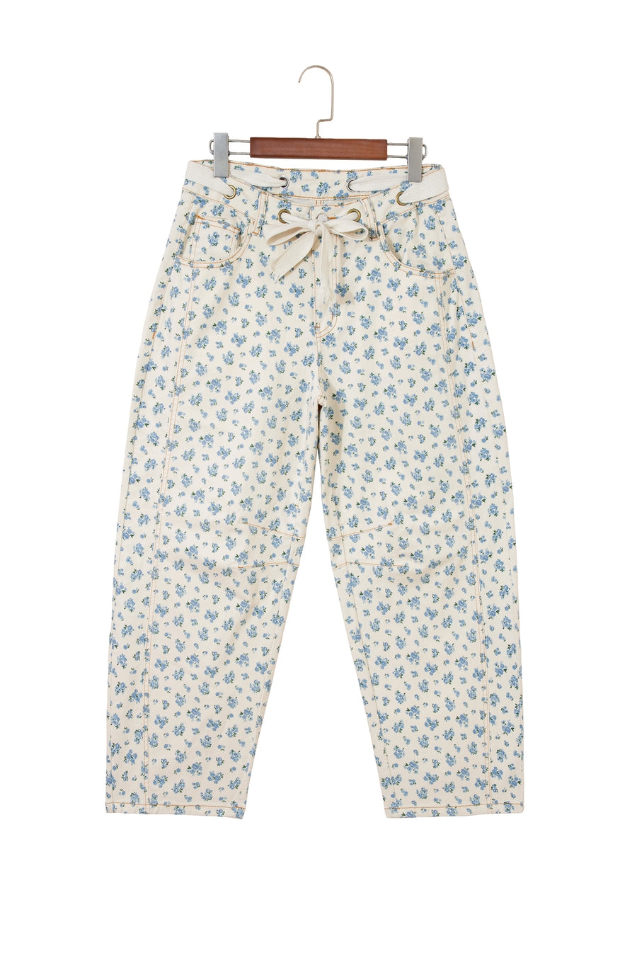 Grommet Knot Waist Floral Barrel Leg Jeans