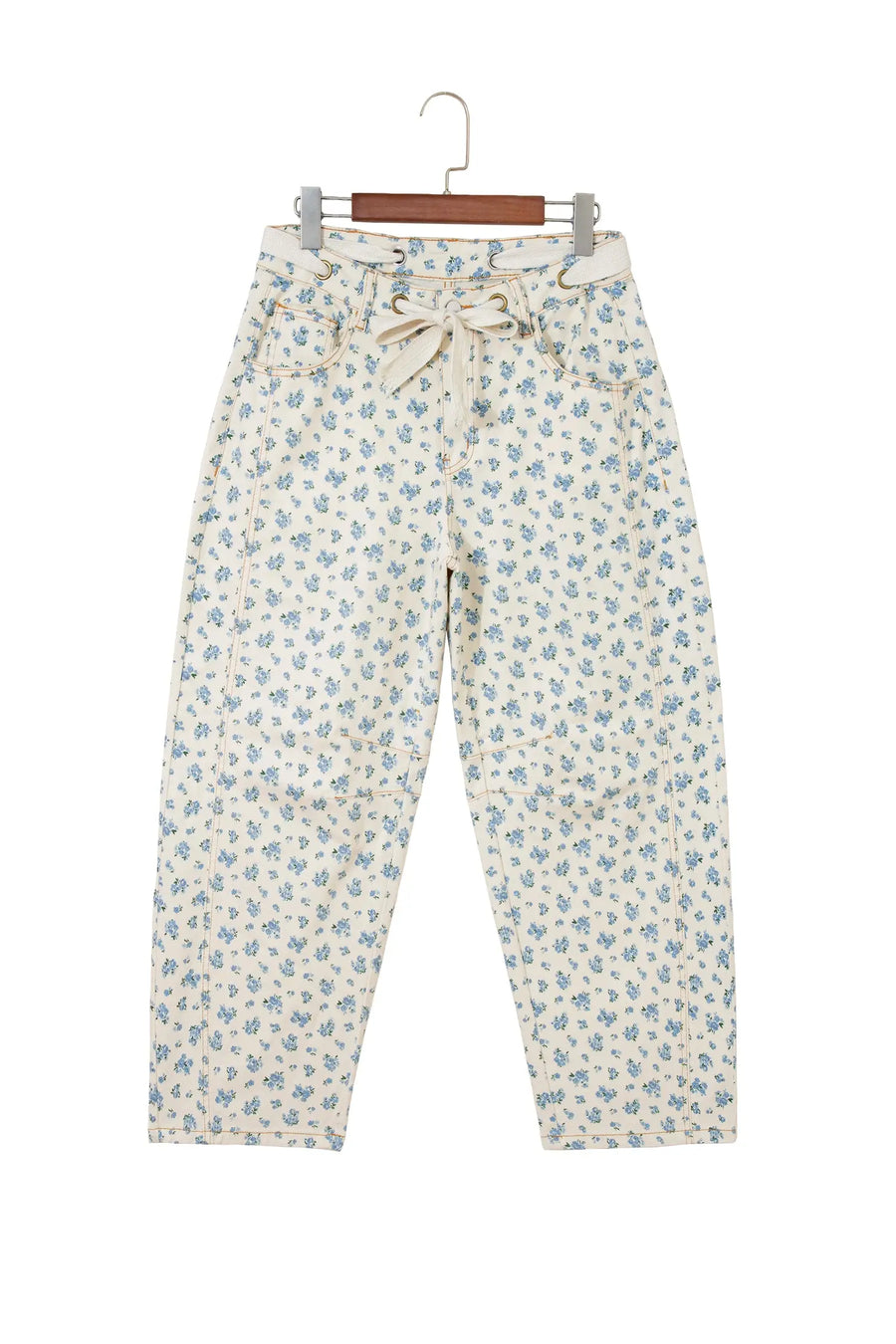 Grommet Knot Waist Floral Barrel Leg Jeans