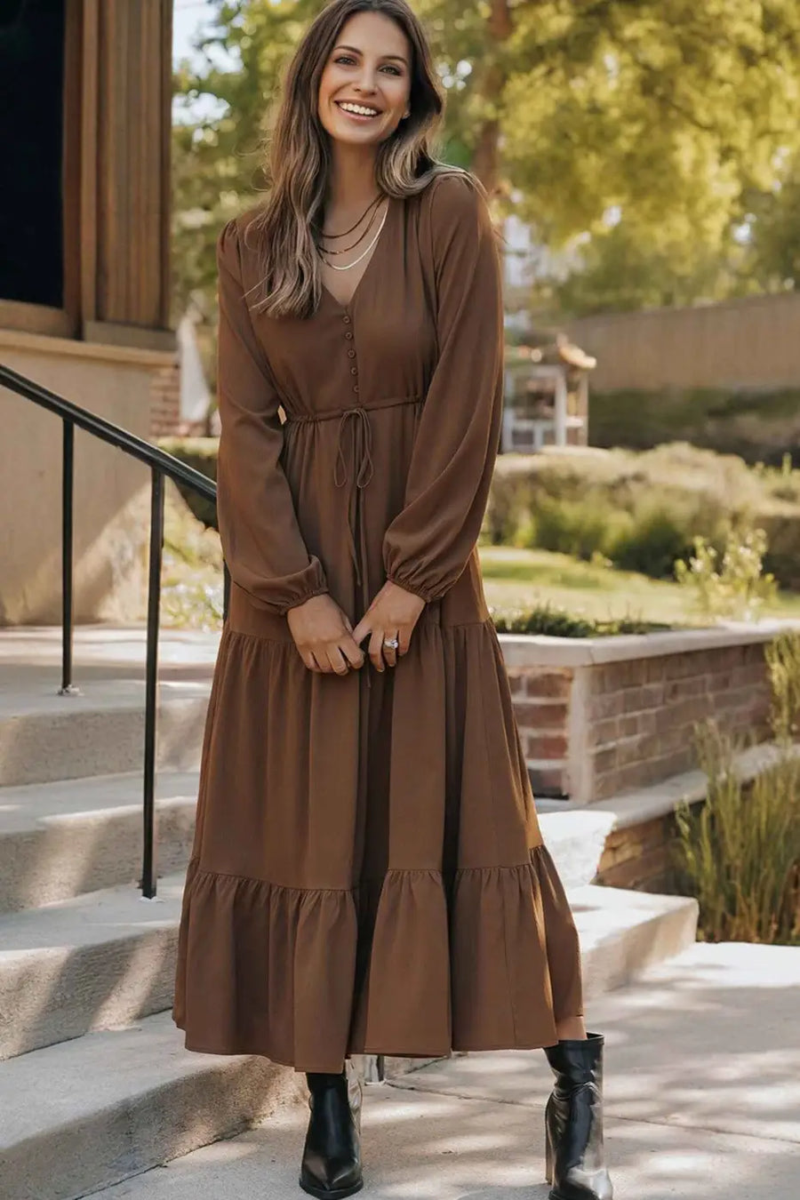 Burgundy long sleeve tiered maxi dress dresses