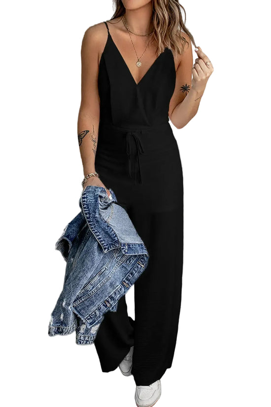Black solid spaghetti strap wide leg high waist